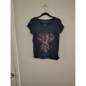 Fifth Sun Womens Navy Blue Elephant Graphic V-Neck T-Shirt Boho Small RN 111647